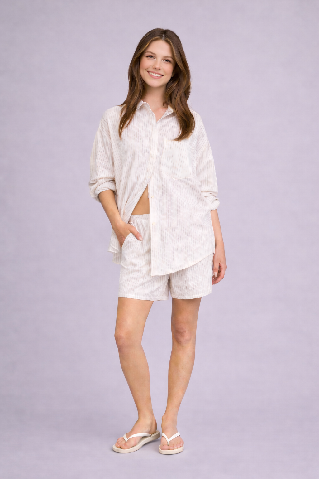 White Pinstripe Button Down Shirt and Short Matching Set