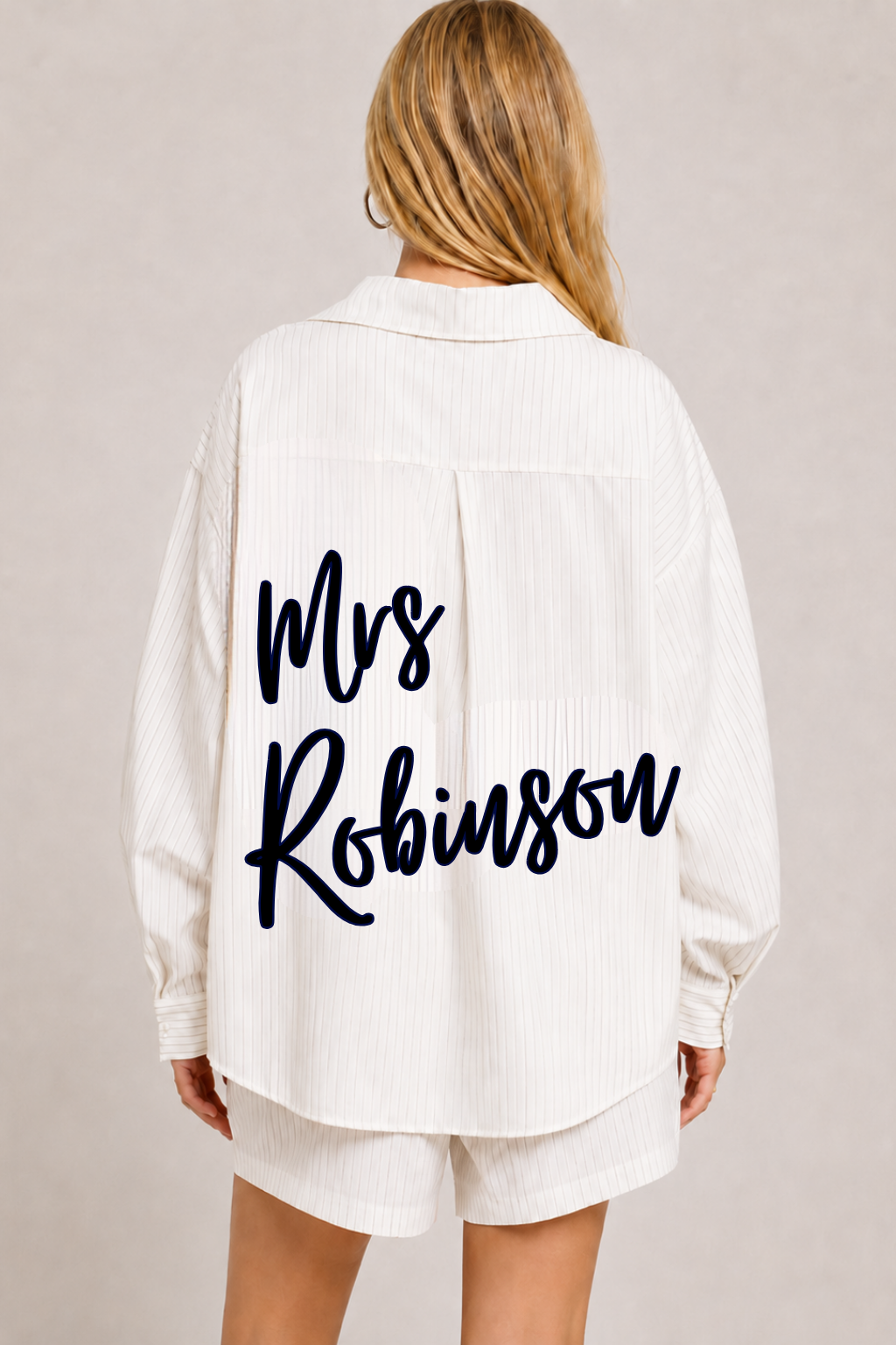 White Pinstripe Button Down Shirt and Short Matching Set